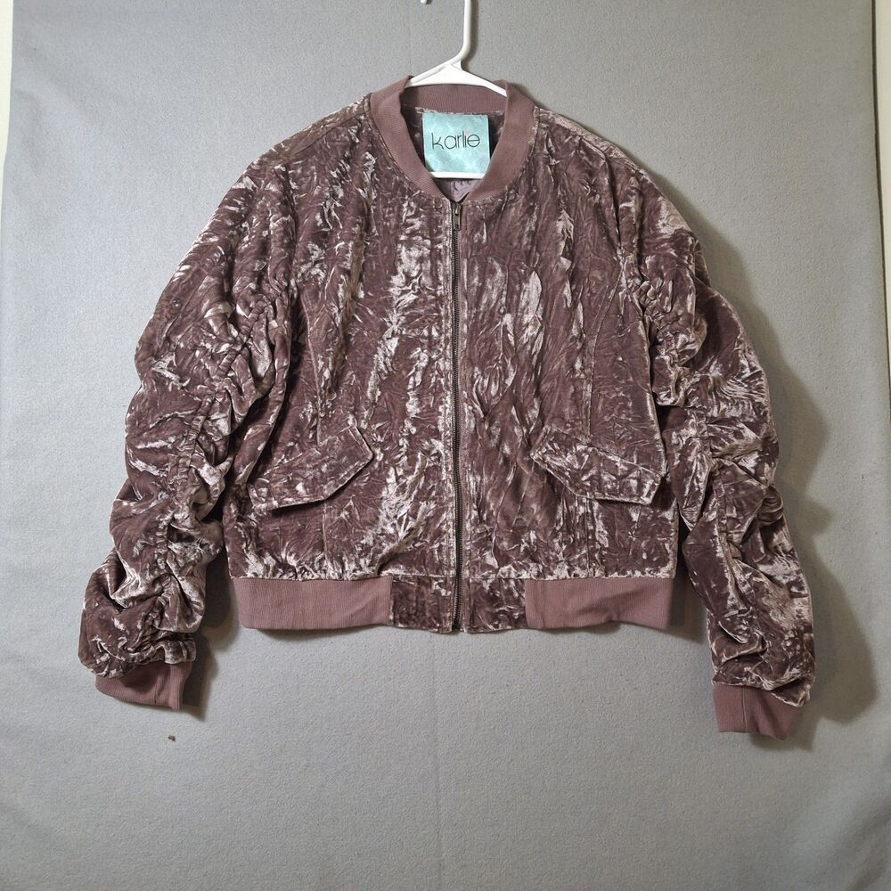Karlie Mauve Crushed Velvet Bomber Jacket Womens Large Ruched Long Sleeve Full